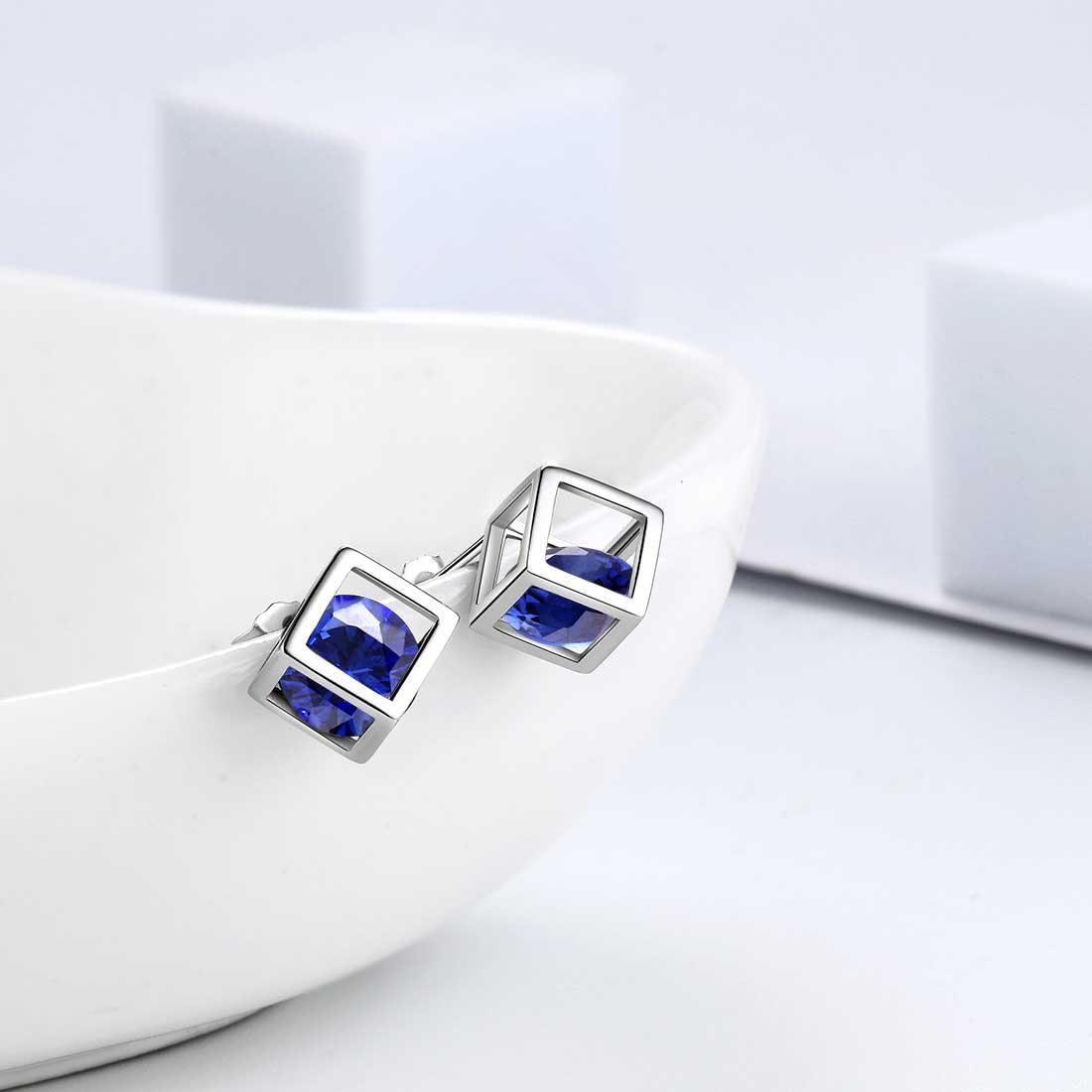 3D Cube Birthstone September Sapphire Earrings Sterling Silver - Earrings - Aurora Tears