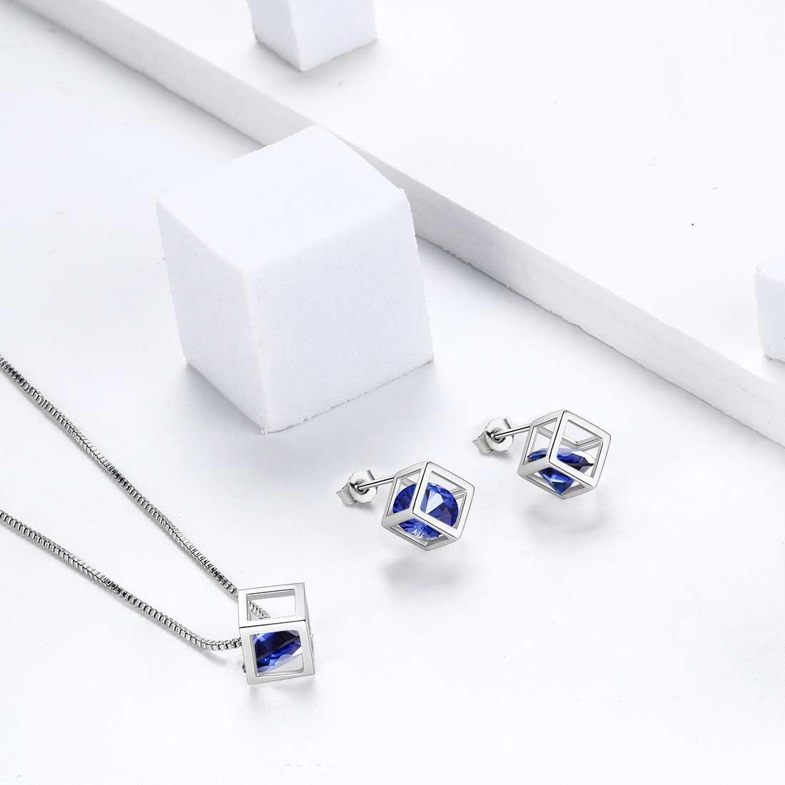 3D Cube Birthstone September Sapphire Necklace Sterling Silver - Necklaces - Aurora Tears