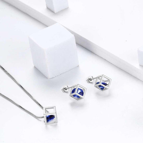 3D Cube Birthstone September Sapphire Jewelry Set 3PCS - Jewelry Set - Aurora Tears