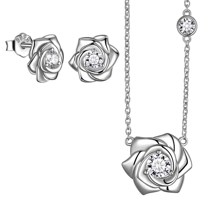 3D Flower Rose Jewelry Set Necklace Earrings 925 Sterling Silver - Jewelry Set - Aurora Tears