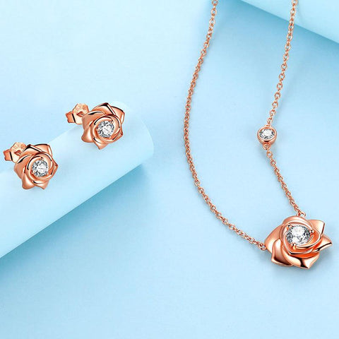 3D Flower Rose Jewelry Set Necklace Earrings 925 Sterling Silver - Jewelry Set - Aurora Tears
