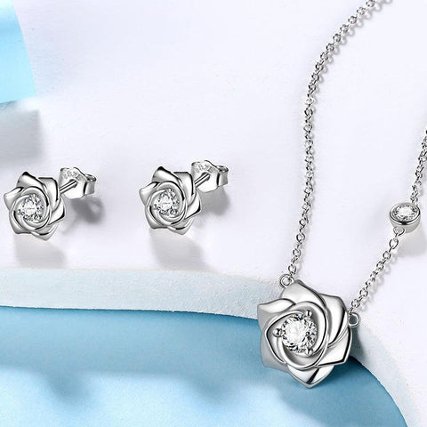 3D Flower Rose Jewelry Set Necklace Earrings 925 Sterling Silver - Jewelry Set - Aurora Tears
