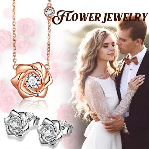 3D Flower Rose Jewelry Set Necklace Earrings 925 Sterling Silver - Jewelry Set - Aurora Tears