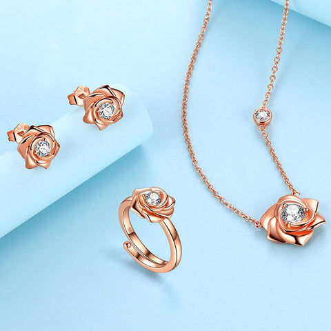 3D Flower Rose Jewelry Set Necklace Earrings Ring Sterling Silver - Jewelry Set - Aurora Tears