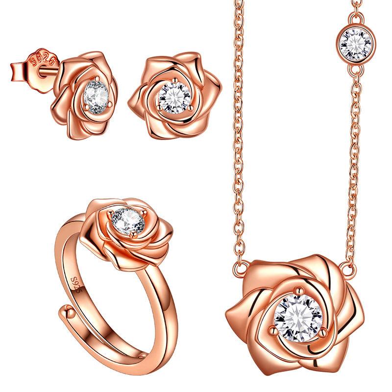 3D Flower Rose Jewelry Set Necklace Earrings Ring Sterling Silver - Jewelry Set - Aurora Tears