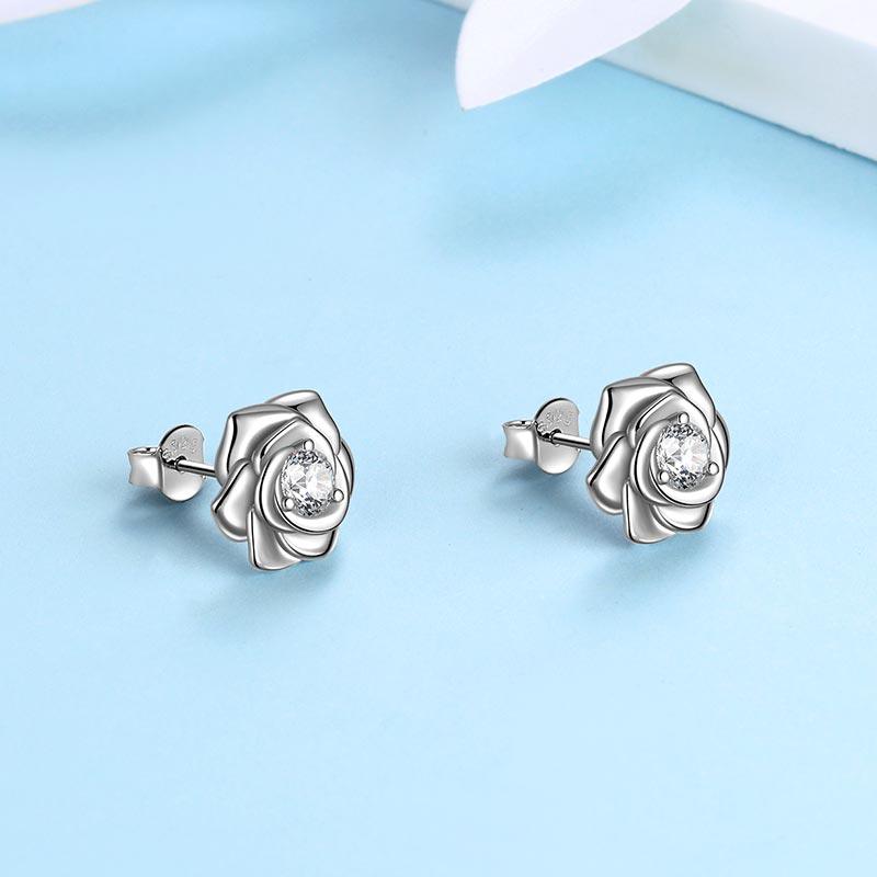 3D Flower Rose Studs Earrings 925 Sterling Silver - Earrings - Aurora Tears