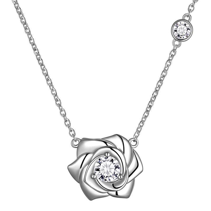 3D Flower Rose Necklace Pendant 925 Sterling Silver - Necklaces - Aurora Tears