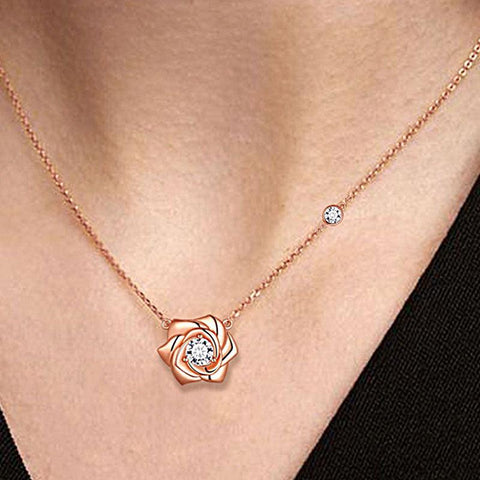 3D Flower Rose Necklace Pendant 925 Sterling Silver - Necklaces - Aurora Tears