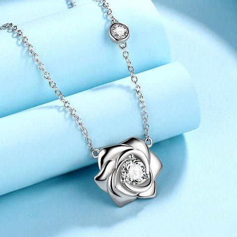 3D Flower Rose Necklace Pendant 925 Sterling Silver - Necklaces - Aurora Tears