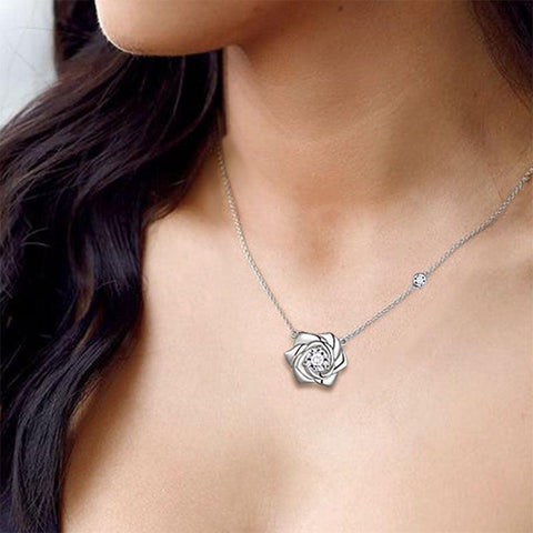 3D Flower Rose Necklace Pendant 925 Sterling Silver - Necklaces - Aurora Tears