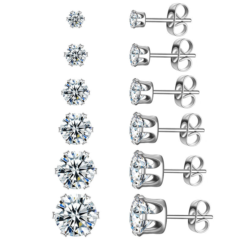 6 Pairs Round Solitaire Stud Earrings Set Cubic Zirconia Stainless Steel - Earrings - Aurora Tears