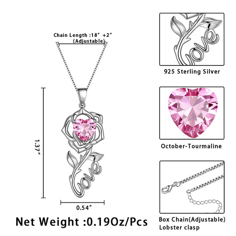 Rose Love Neckalce,925 Sterling Silver Birthstone Pendant Necklace Jewelry Gifts for Women