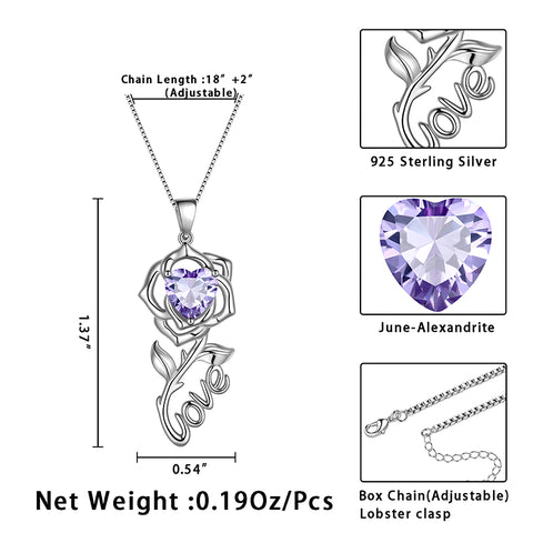 Rose Love Neckalce,925 Sterling Silver Birthstone Pendant Necklace Jewelry Gifts for Women