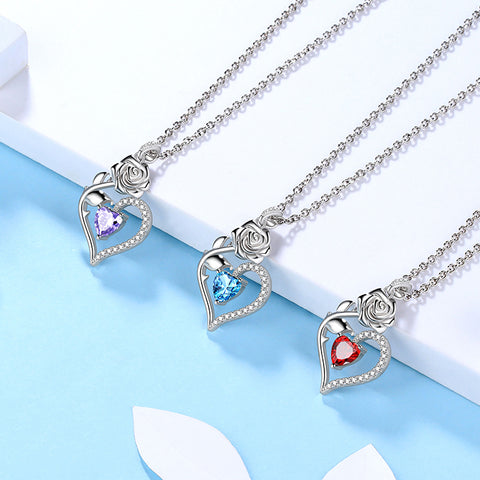 Women Birthstone Necklace Rose Flower Heart Pendant Necklace Fine Jewelry Anniversary Birthday Christmas Gifts for Girls - Aurora Tears Jewelry