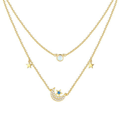 Layered Moon Star Necklace, Women Jewelry Opal Trendy Choker Chain Crescent Moon Pendant - Aurora Tears Jewelry