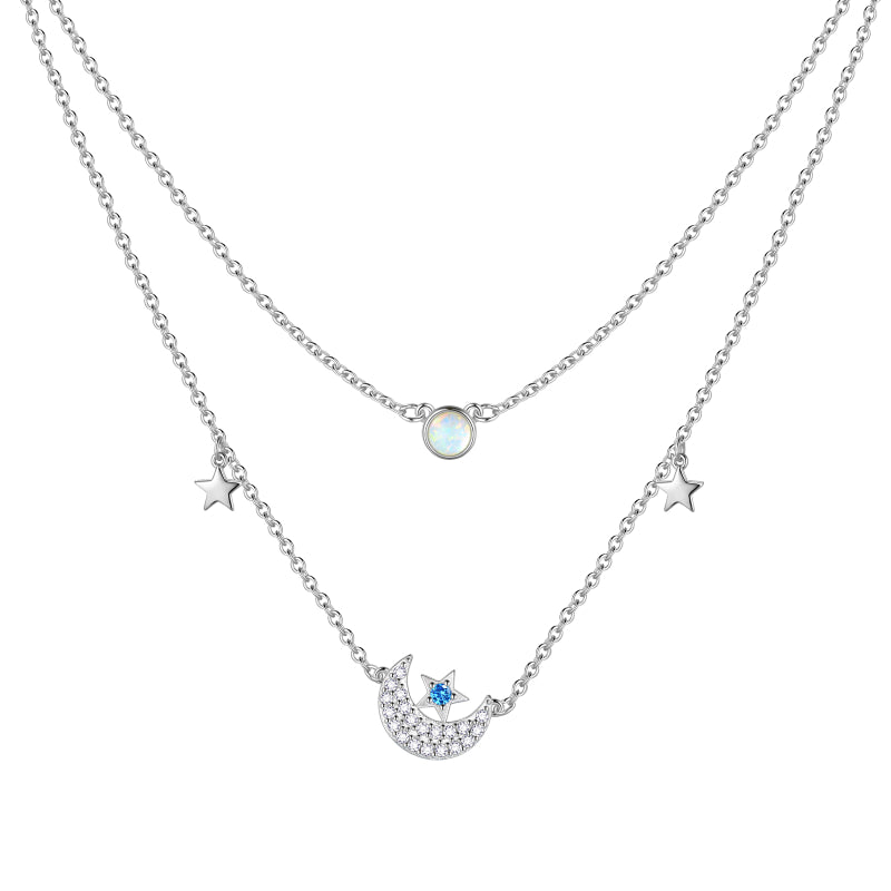 Layered Moon Star Necklace, Women Jewelry Opal Trendy Choker Chain Crescent Moon Pendant - Aurora Tears Jewelry