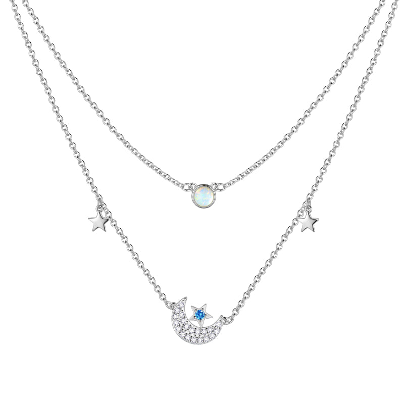 Layered Moon Star Necklace, Women Jewelry Opal Trendy Choker Chain Crescent Moon Pendant - Aurora Tears Jewelry