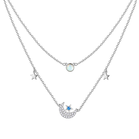 Layered Moon Star Necklace, 925 Sterling Silver Opal Trendy Choker Chain Crescent Moon Pendant