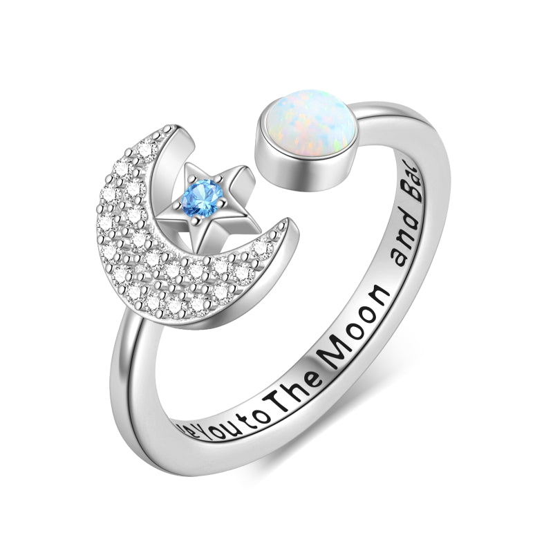 Star and Moon Rings Opal Moon Open Ring Crescent Moon Statement Ring Gifts for Women Girls Sterling Silver - Aurora Tears Jewelry