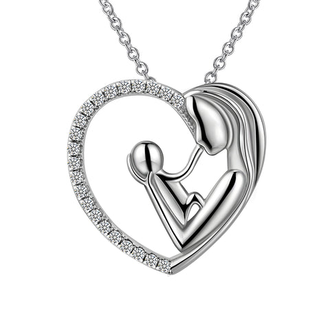 Aurora Tears 925 Sterling Silver Mother Necklace Pendant for Women,Mom and Child Heart Pendant Necklace Jewelry Gift for Mother's Day Birthday