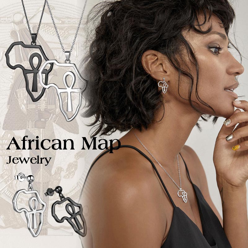 925 Sterling Silver Africa Map Ankh Necklace Earrings Set - Jewelry Set - Aurora Tears