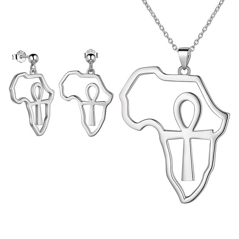 925 Sterling Silver Africa Map Ankh Necklace Earrings Set - Jewelry Set - Aurora Tears