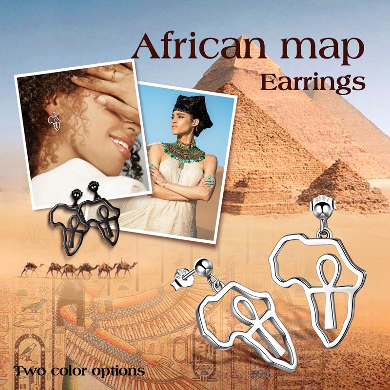 925 Sterling Silver Africa Map Egypt Ankh Cross Earrings Stud for Men Womens - Earrings - Aurora Tears