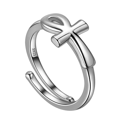 925 Sterling Silver Egyptian Ankh Cross Ring Adjustable Men Womens - Rings - Aurora Tears