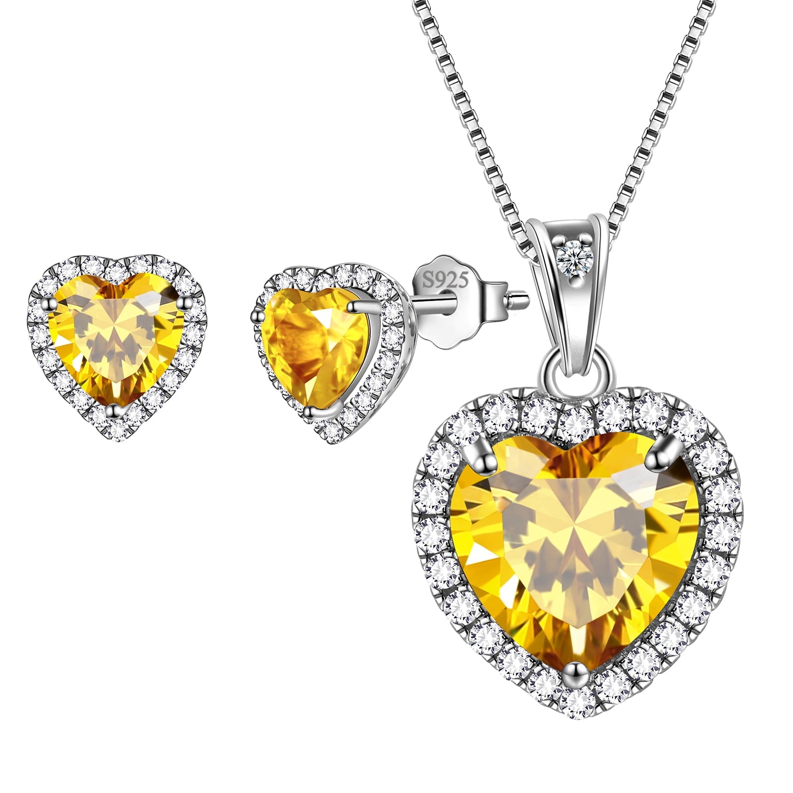 Yellow Heart Jewelry Sets for Women, Citrine November Birthstone Jewelry Set Necklace Earrings 925 Sterling Silver Jewelry Girls Birthday Valentine's Day Gifts