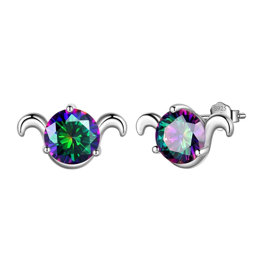 Aries Stud Earrings Sterling Silver Mystic Rainbow Topaz Aurora Tears Jewelry
