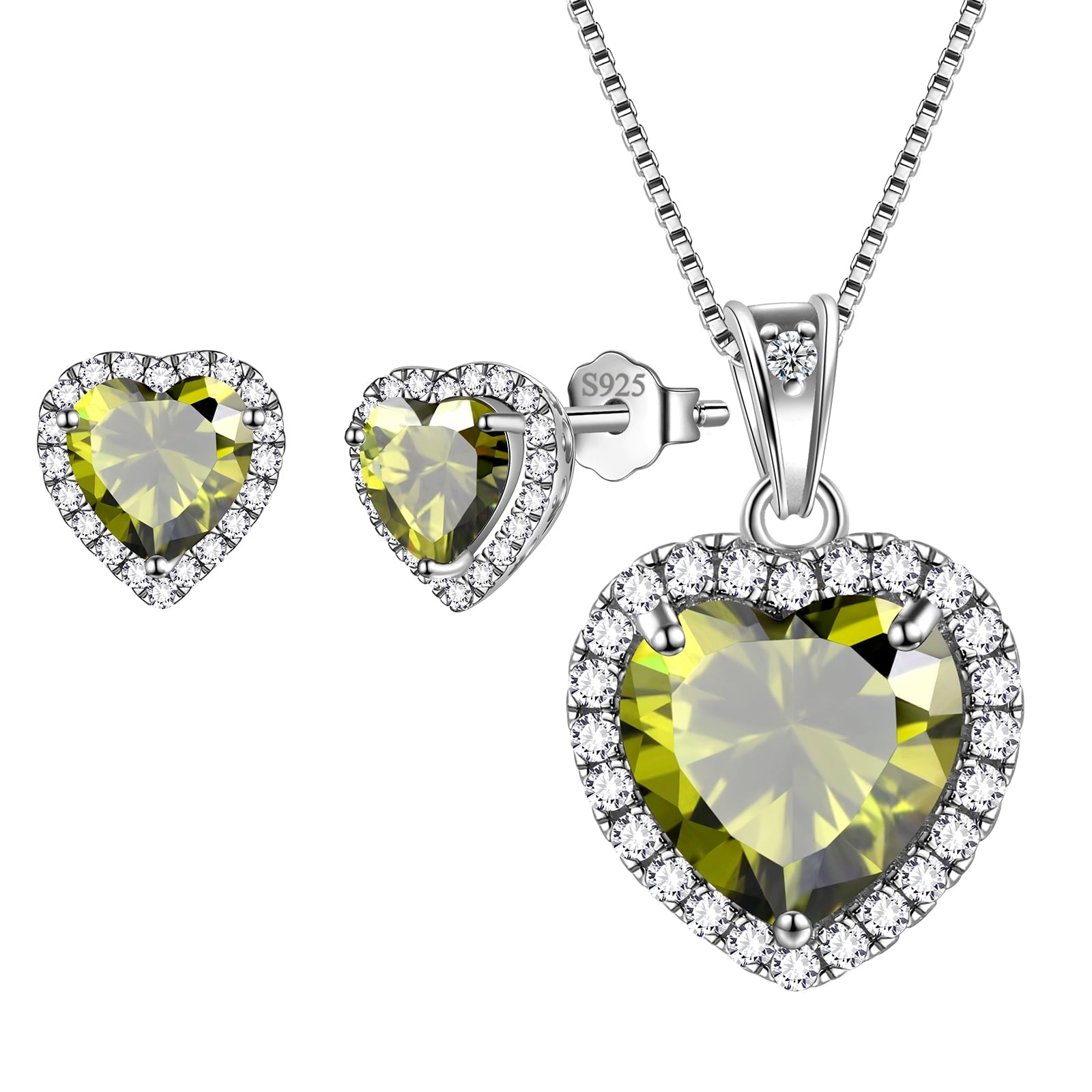 August Birthstone Jewelry Sets for Women, Peridot Heart Jewelry Set Necklace Earrings 925 Sterling Silver Jewelry Girls Wedding Birthday Valentine's Day Gifts