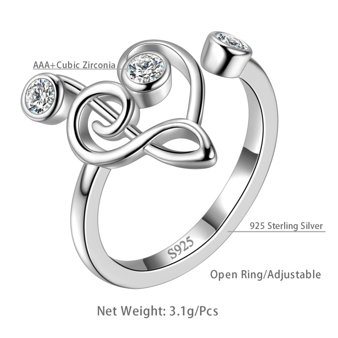 Musical Note Rings 925 Sterling Silver Aurora Tears - Rings - Aurora Tears Jewelry