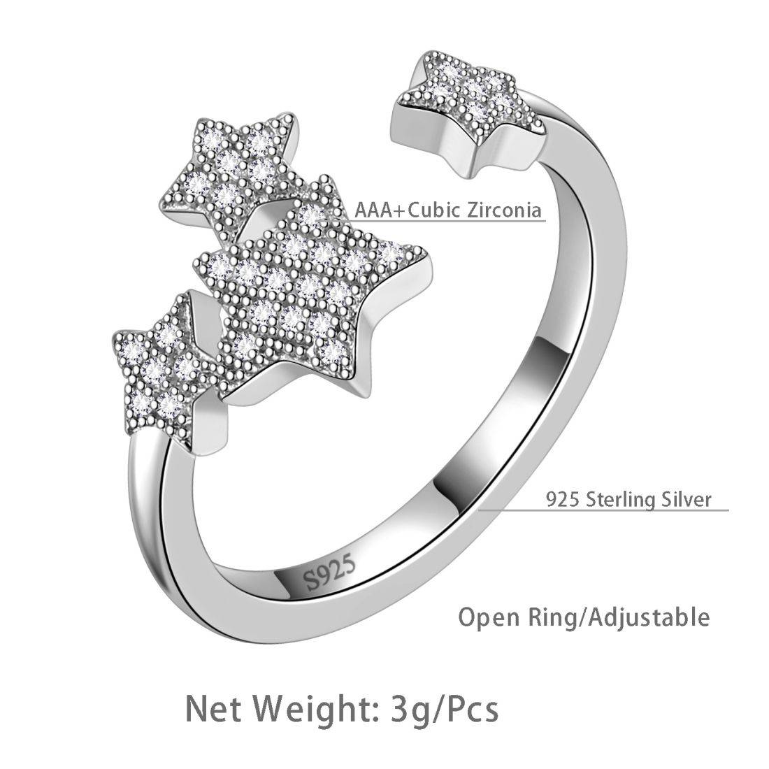 Pentagram Stars Adjustable Rings 925 Sterling Silver Aurora Tears - Rings - Aurora Tears Jewelry
