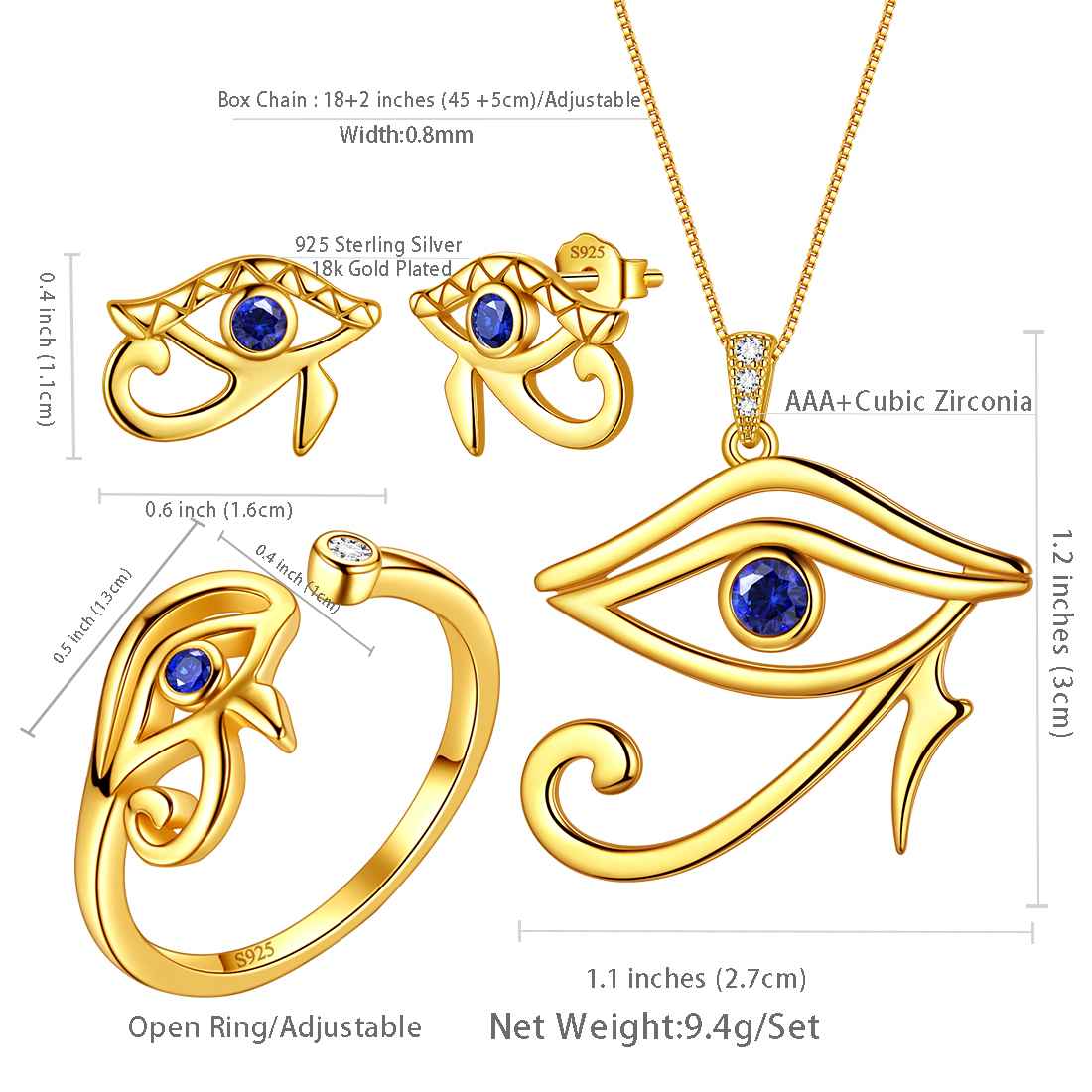 Egyptian Eye of Horus Jewelry Sets 4pcs Necklace Ring Earrings - Jewelry Set - Aurora Tears Jewelry