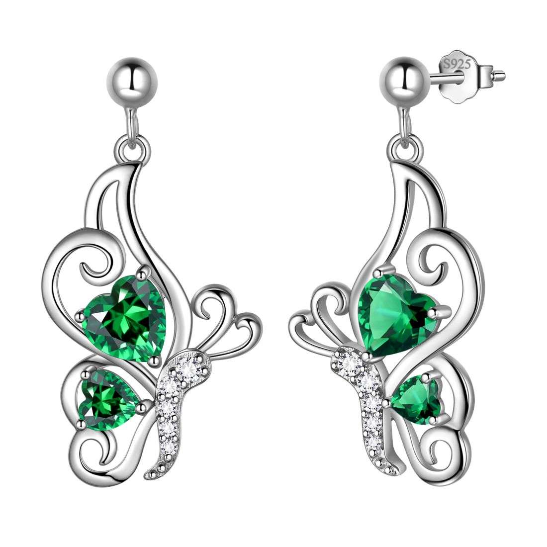 Women Heart Butterfly Earrings Birthstone 925 Sterling Silver - Earrings - Aurora Tears Jewelry