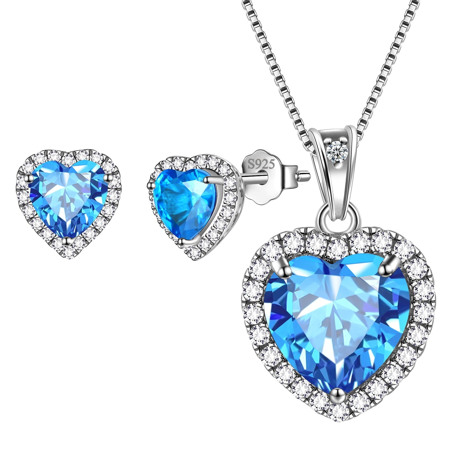 Blue Heart Jewelry Sets for Women, Aquamarine March Birthstone Jewelry Set Necklace Earrings 925 Sterling Silver Jewelry Girls Birthday Valentine's Day Gifts