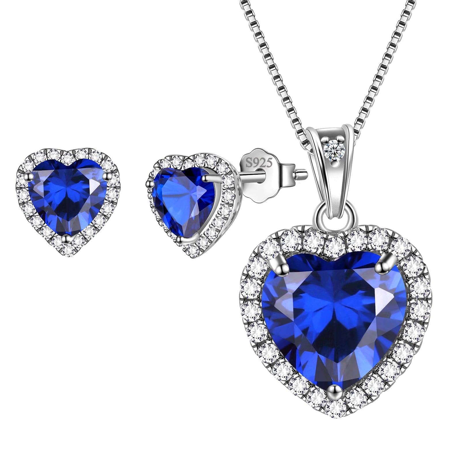 Blue Heart Jewelry Sets for Women, Sapphire September Birthstone Jewelry Set Necklace Earrings 925 Sterling Silver Jewelry Girls Birthday Valentine's Day Gifts