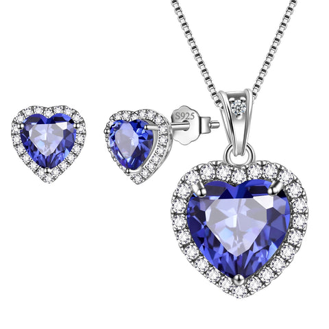 Hearts Jewelry Sets 3PCS Women Birthstone Necklace Earrings Girls Jewelry Birthday Gift 925 Sterling Silver - Aurora Tears Jewelry