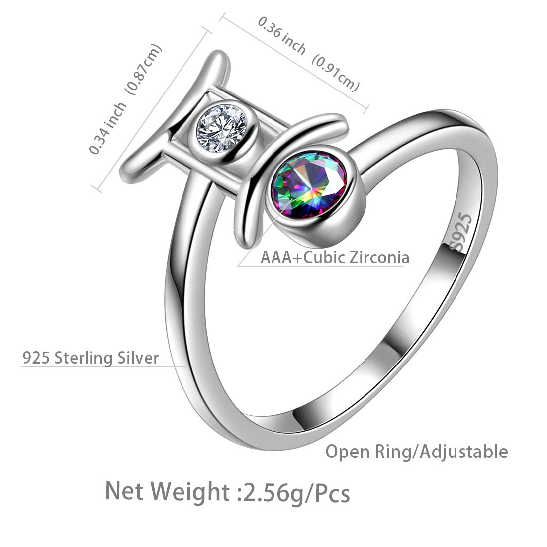 Gemini Zodiac Open Rings 925 Sterling Silver - Rings - Aurora Tears Jewelry