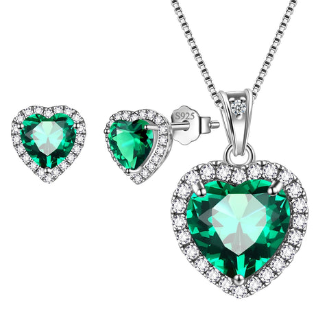 Green Heart Jewelry Sets for Women, Emerald May Birthstone Jewelry Set Necklace Earrings 925 Sterling Silver Jewelry Girls Birthday Valentine's Day Gifts