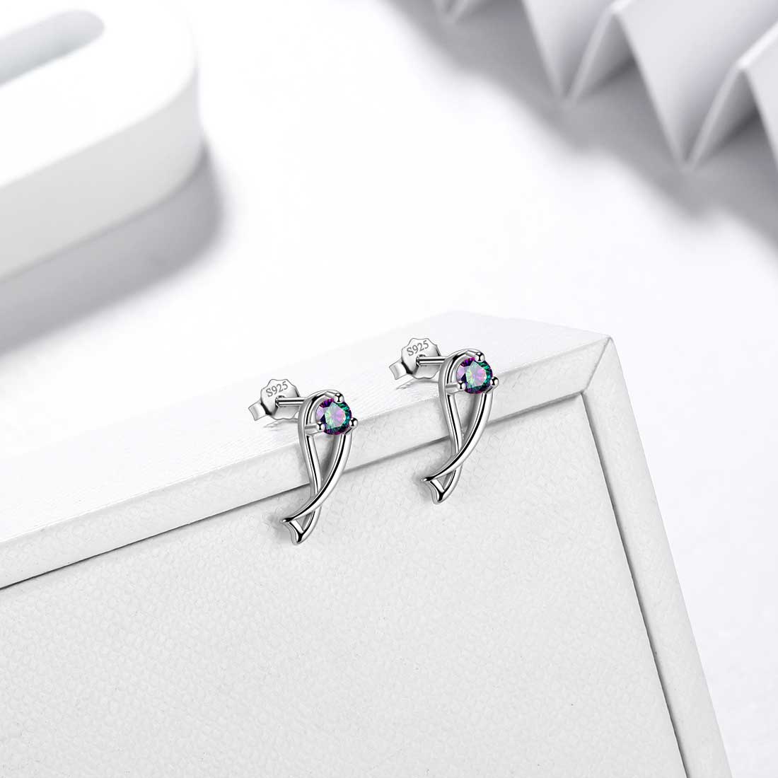 Pisces Stud Earrings Sterling Silver Mystic Rainbow Topaz - Earrings - Aurora Tears Jewelry