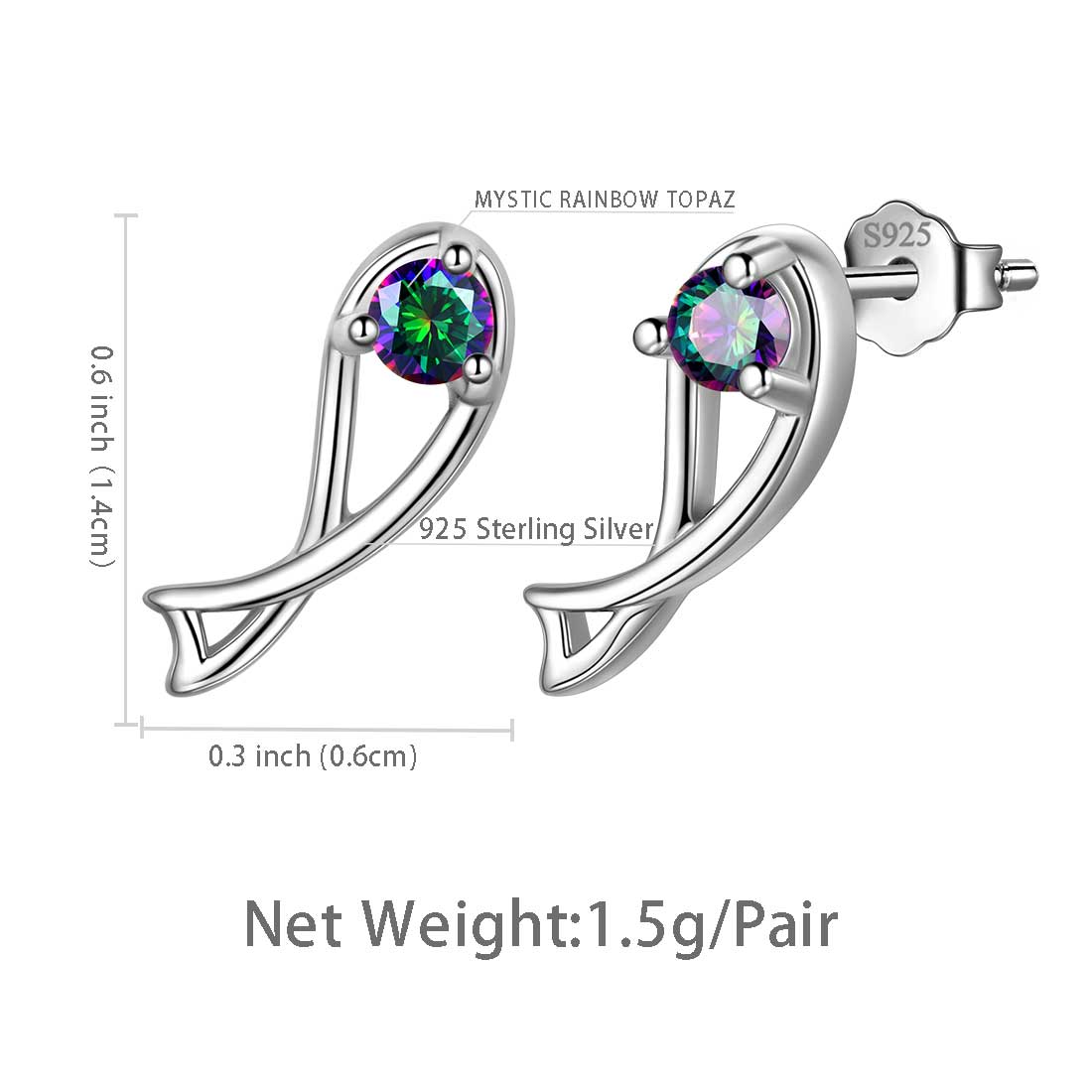 Pisces Stud Earrings Sterling Silver Mystic Rainbow Topaz - Earrings - Aurora Tears Jewelry