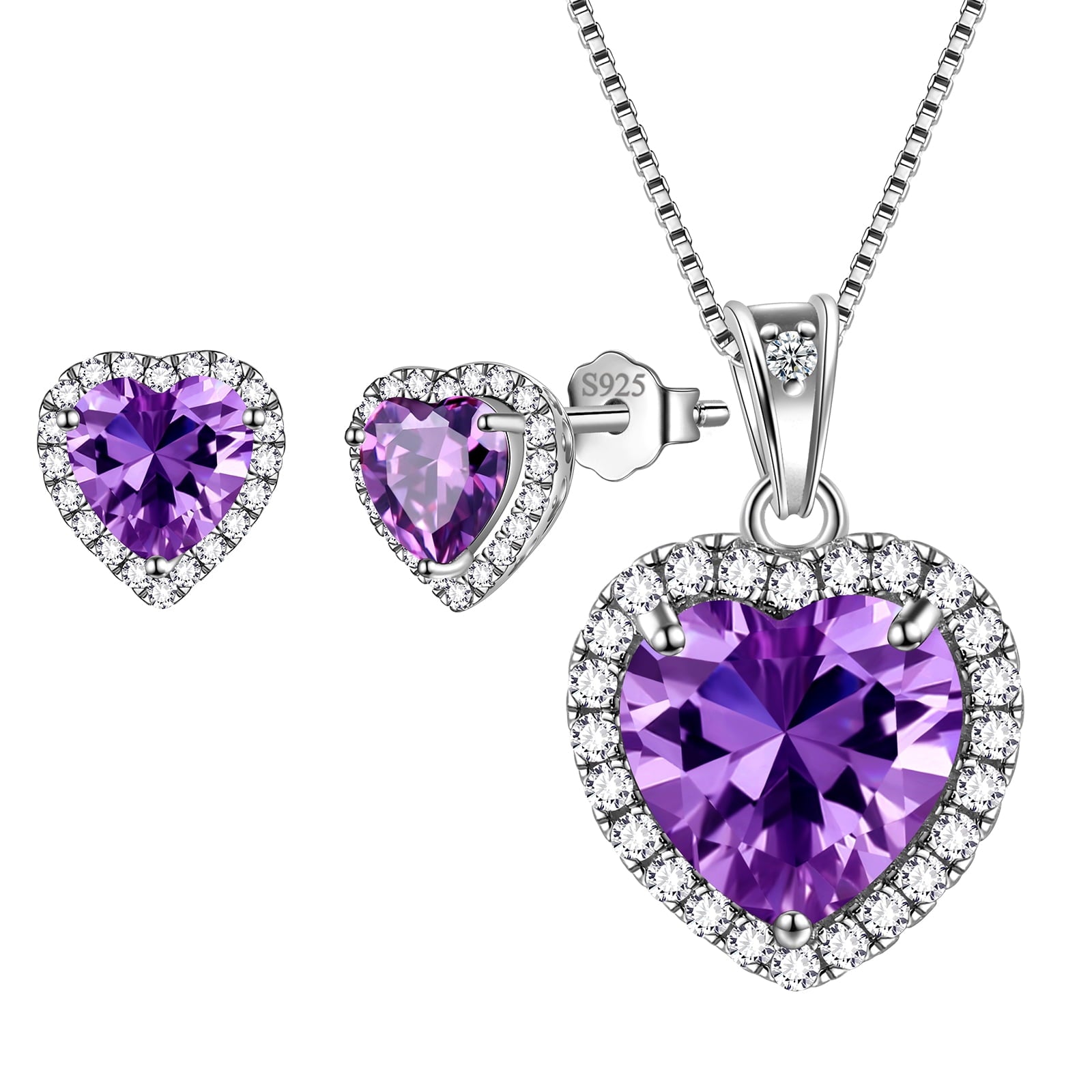 Purple Heart Jewelry Sets for Women, Amethyst February Birthstone Jewelry Set Necklace Earrings 925 Sterling Silver Jewelry Girls Birthday Valentine's Day Gifts