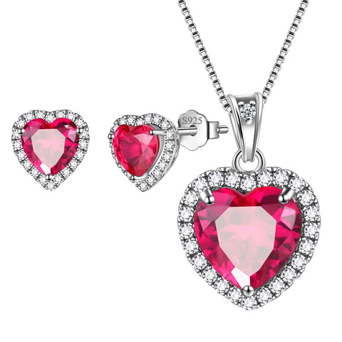 Red Heart Jewelry Sets for Women, Ruby July Birthstone Jewelry Set Necklace Earrings 925 Sterling Silver Jewelry Girls Birthday Valentine's Day Gifts
