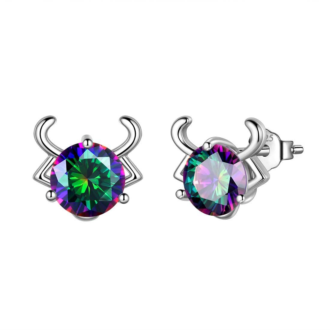Taurus Stud Earrings Sterling Silver Mystic Rainbow Topaz Aurora Tears Jewelry