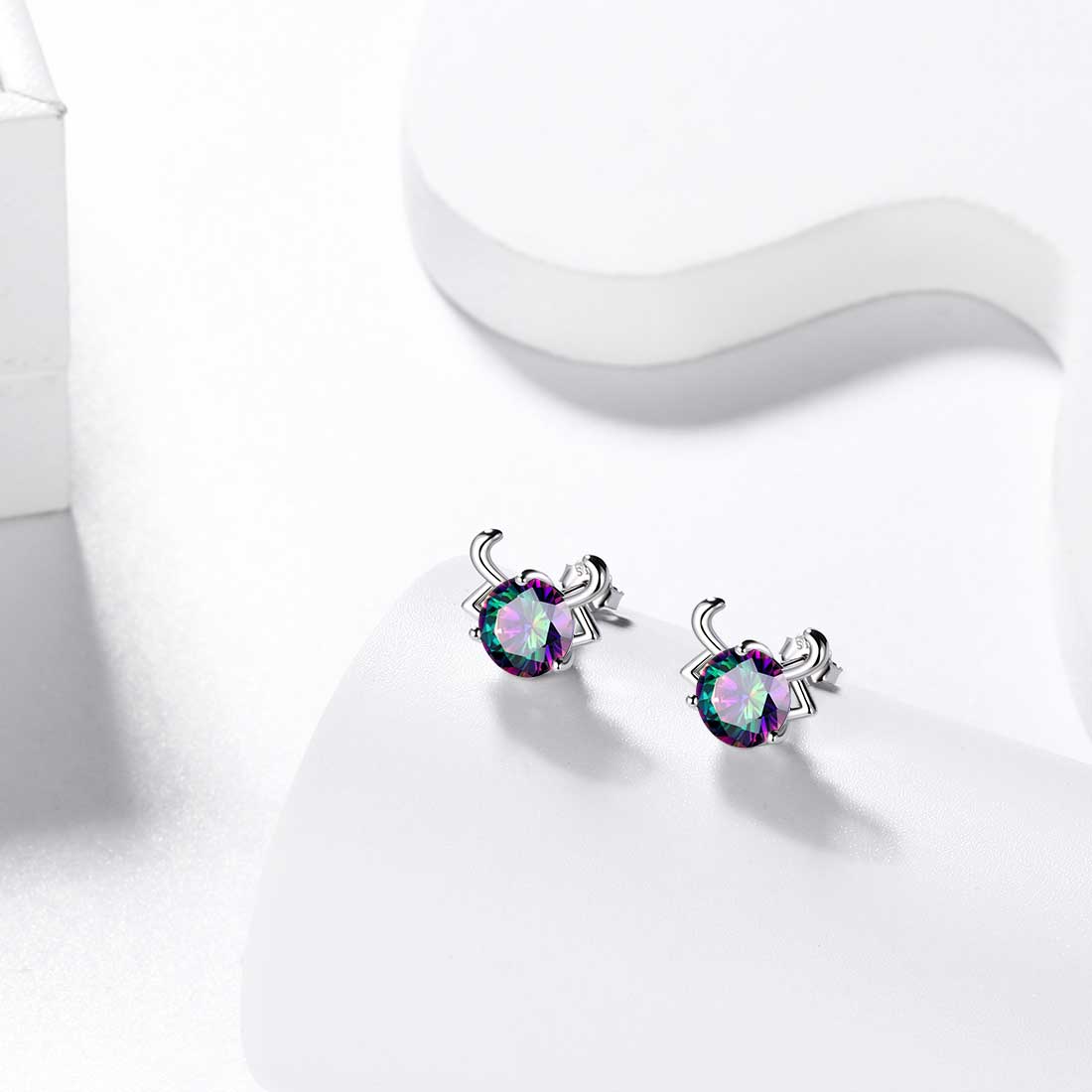 Taurus Stud Earrings Sterling Silver Mystic Rainbow Topaz - Earrings - Aurora Tears Jewelry