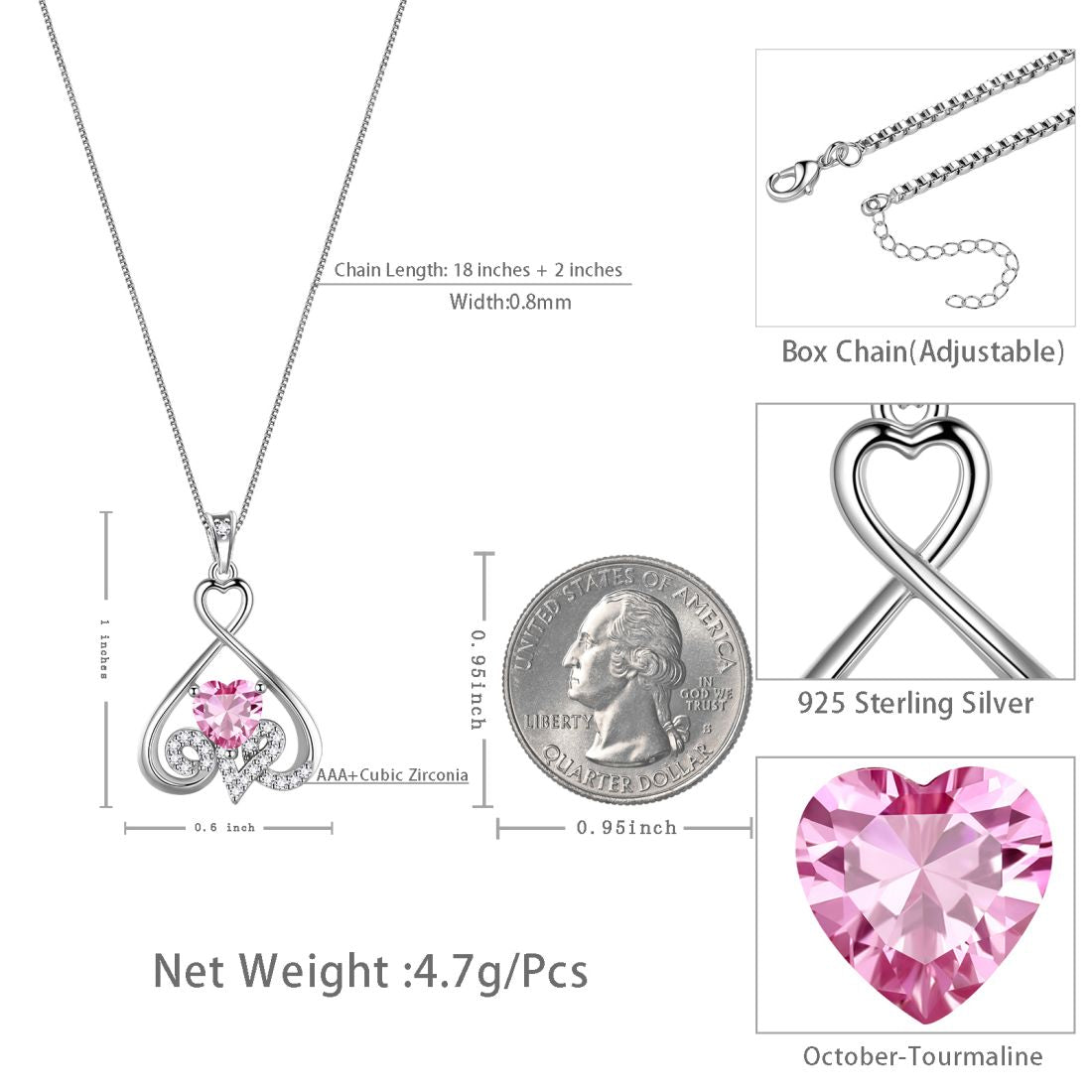 Heart Necklace Love Heart Oct. Birthstone Pendant Chain - Necklaces - Aurora Tears Jewelry