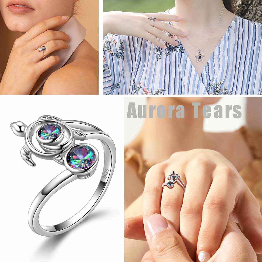 Turtle Mystic Rainbow Topaz Open Rings Sterling Silver - Rings - Aurora Tears Jewelry