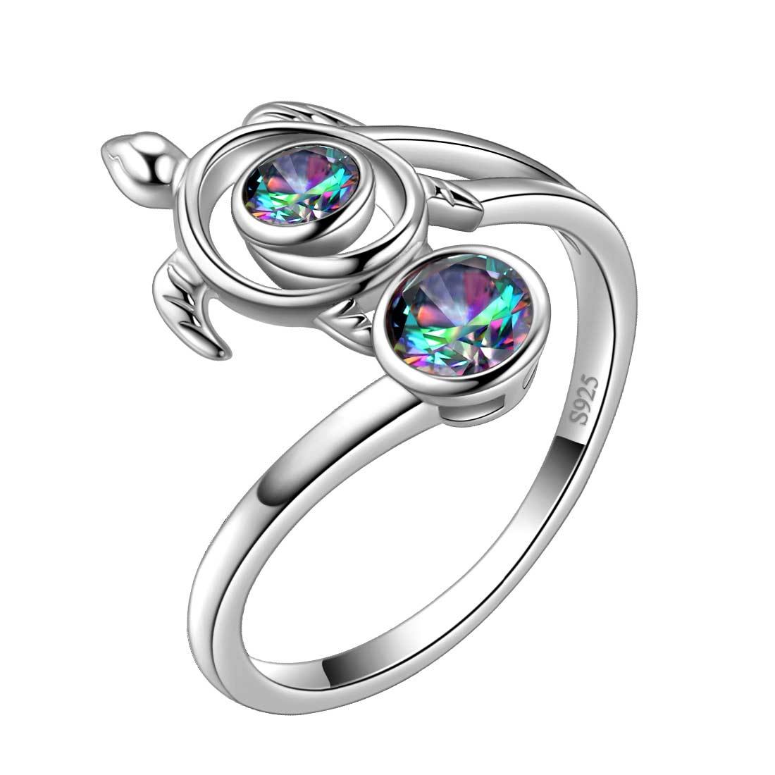 Turtle Mystic Rainbow Topaz Open Rings Sterling Silver - - Aurora Tears Jewelry