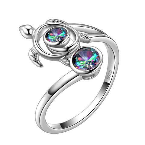 Turtle Mystic Rainbow Topaz Open Rings Sterling Silver - - Aurora Tears Jewelry